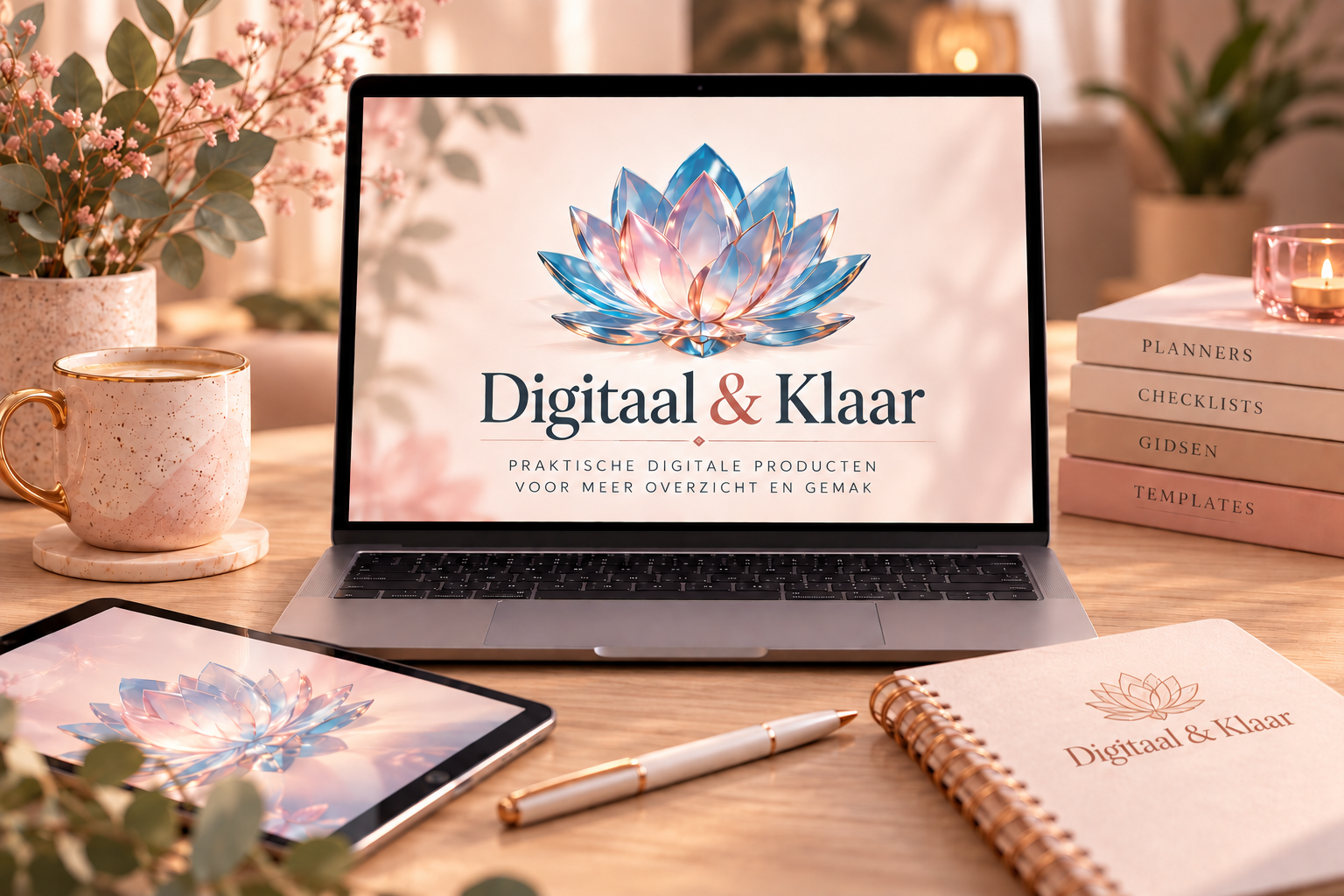 Werkplek met laptop en tablet met het lotuslogo van Digitaal & Klaar, een notitieboek, een mok en boeken met planners, checklists, gidsen en templates